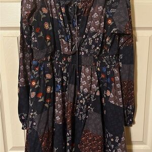 Floral Patchwork Long Sleeve Midi Nursing Dress - Navy